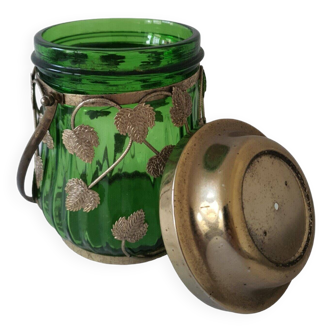 Old Green Glass Biscuit Or Candy Jar Decorated With Metal Leaf