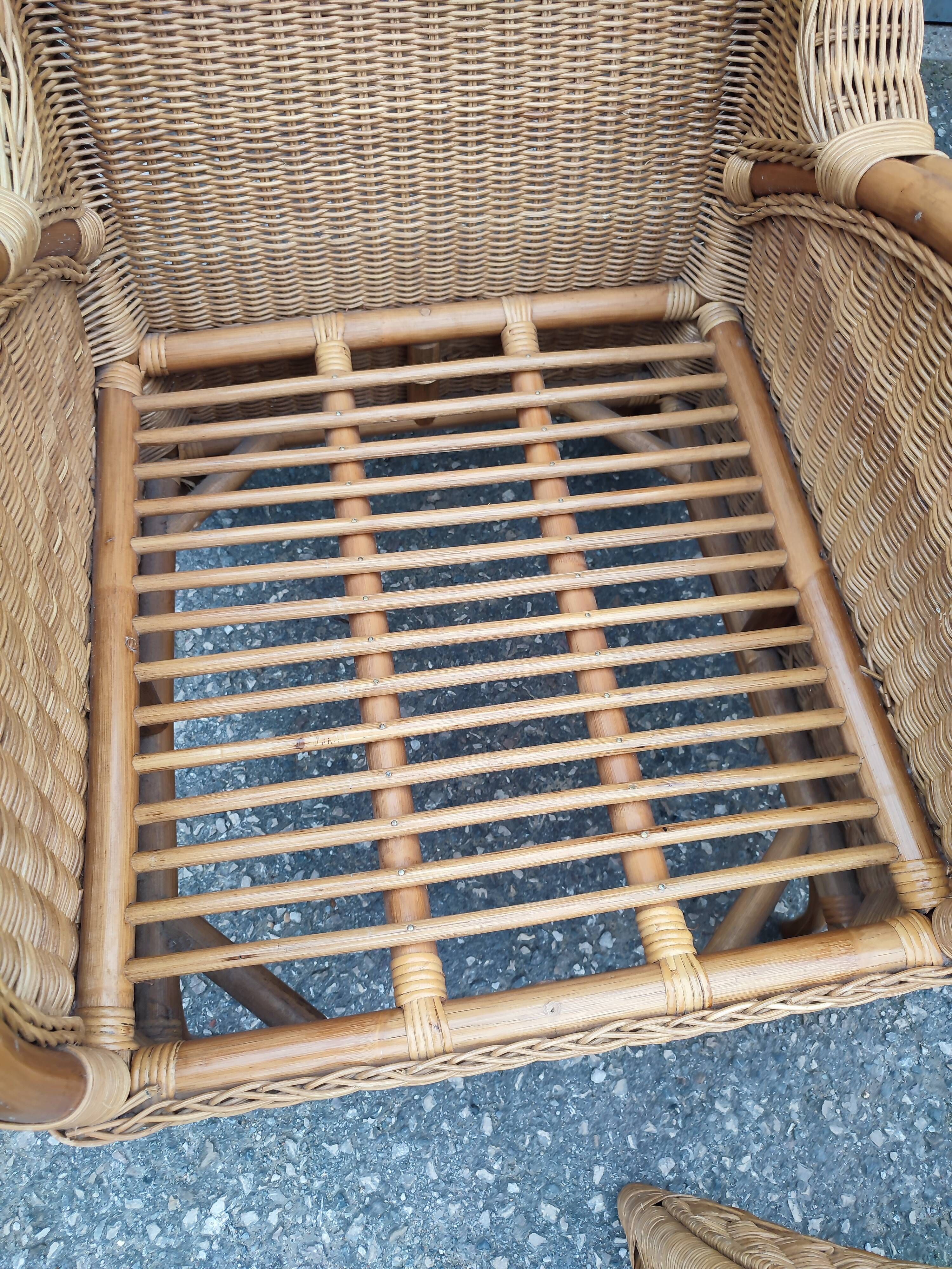 Pair of old armchairs wicker rattan & foot rest vintage year 60
