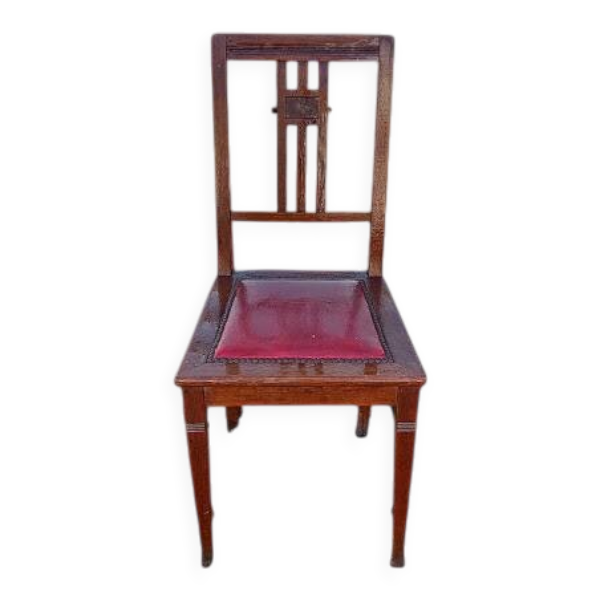6 Art Deco dining chairs in solid wood and burgundy leather.