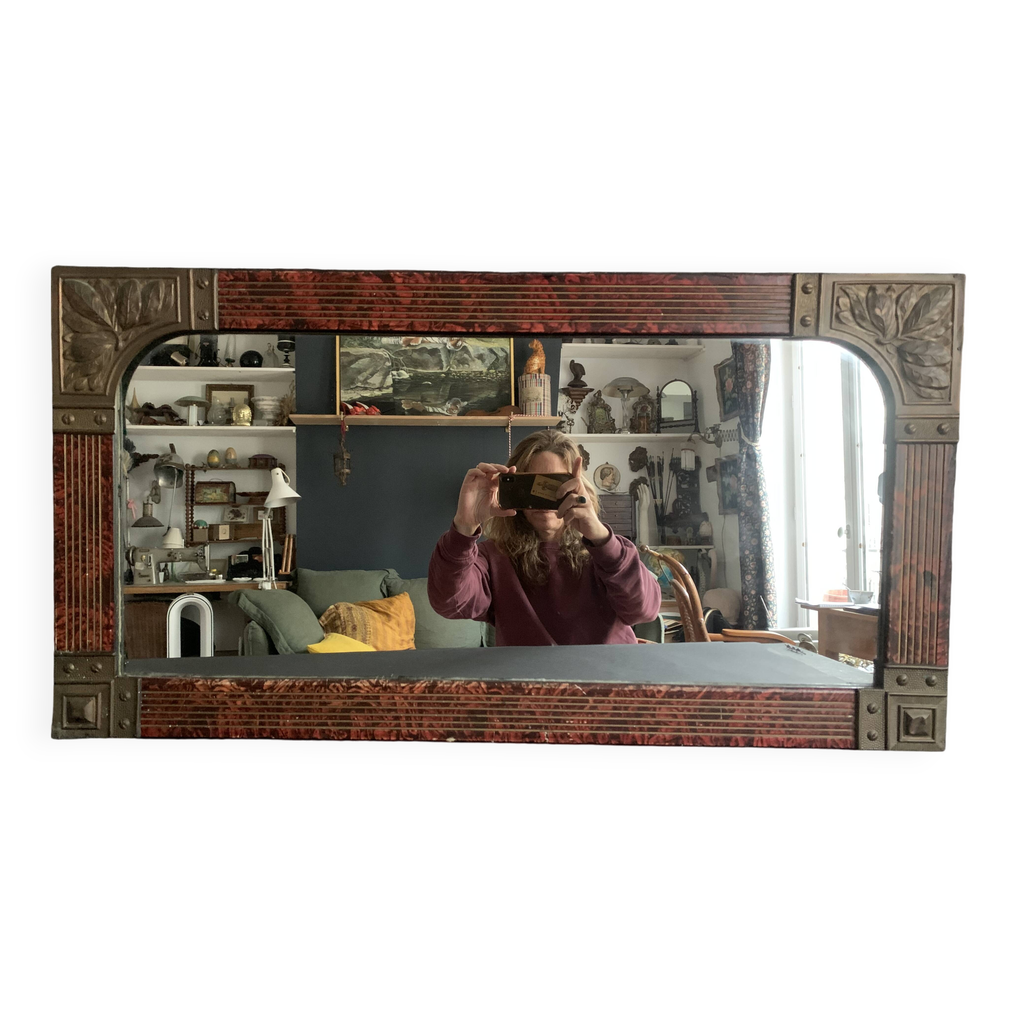 Hand painted art nouveau mirror decorated with chiseled brass, french mercury mirror from the 1920s