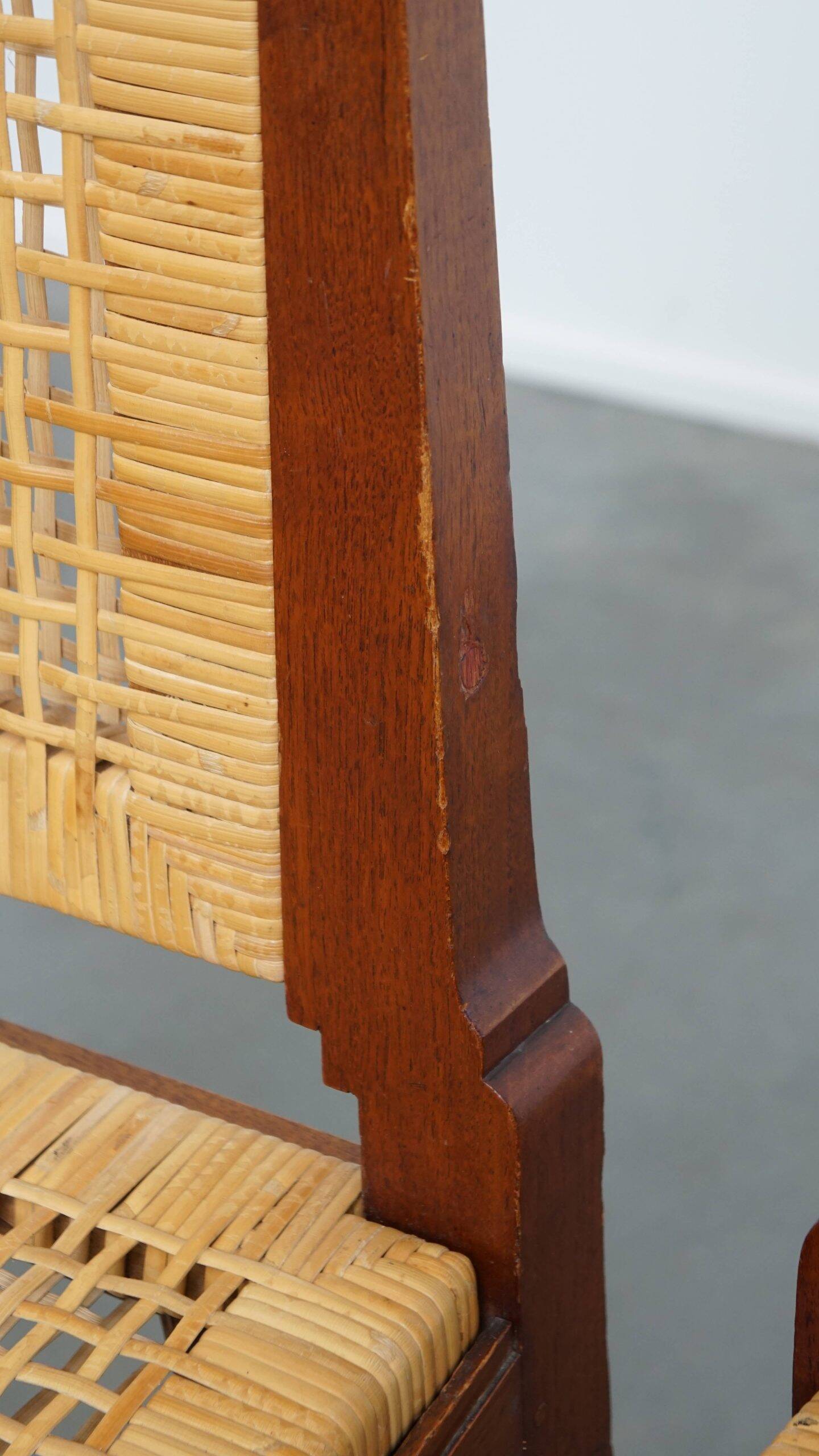 et of 6 wooden Art Deco design dining chairs with a wicker seat and backrest