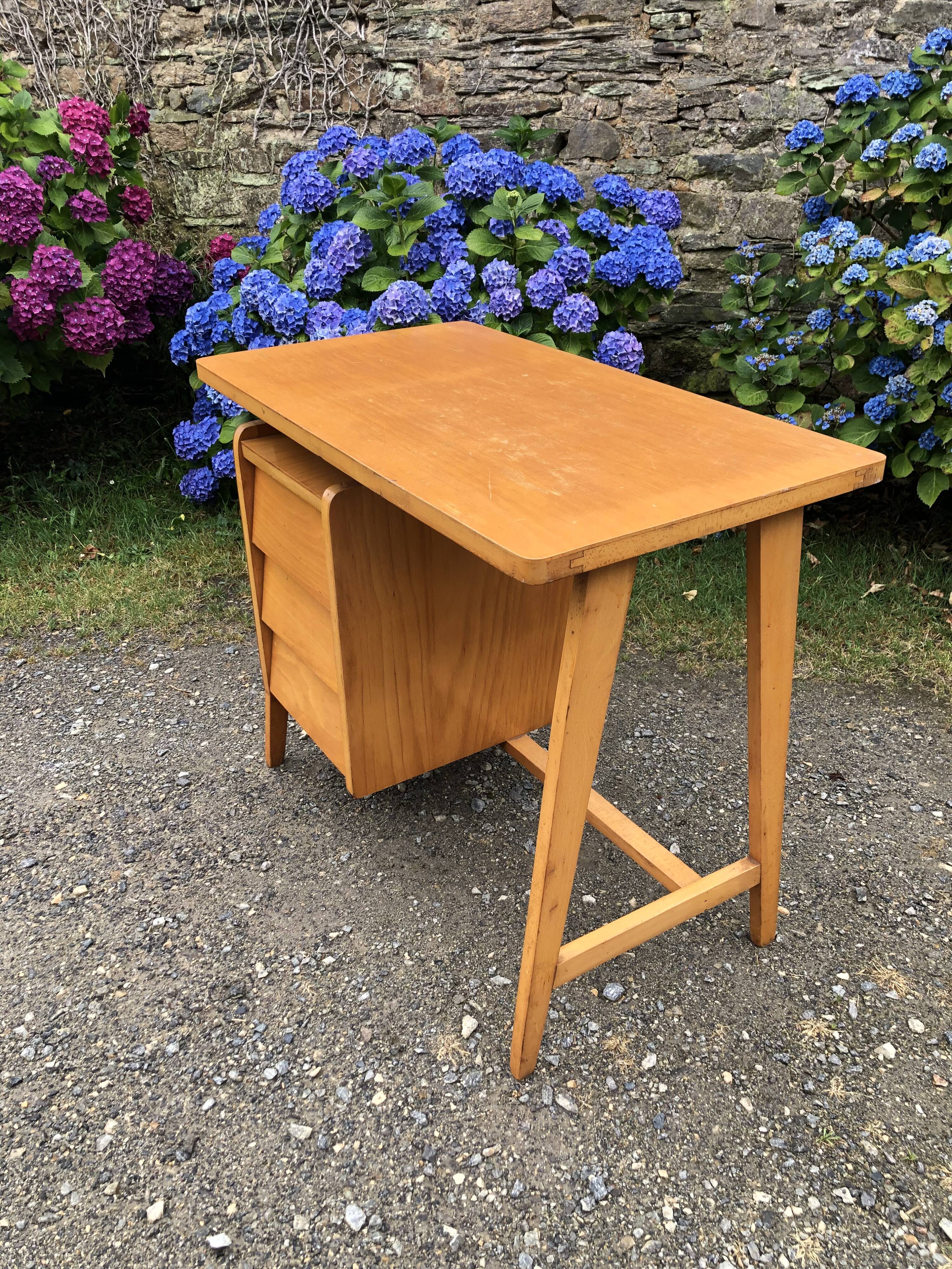 Vintage desk with beech compass legs with 3 drawers.
