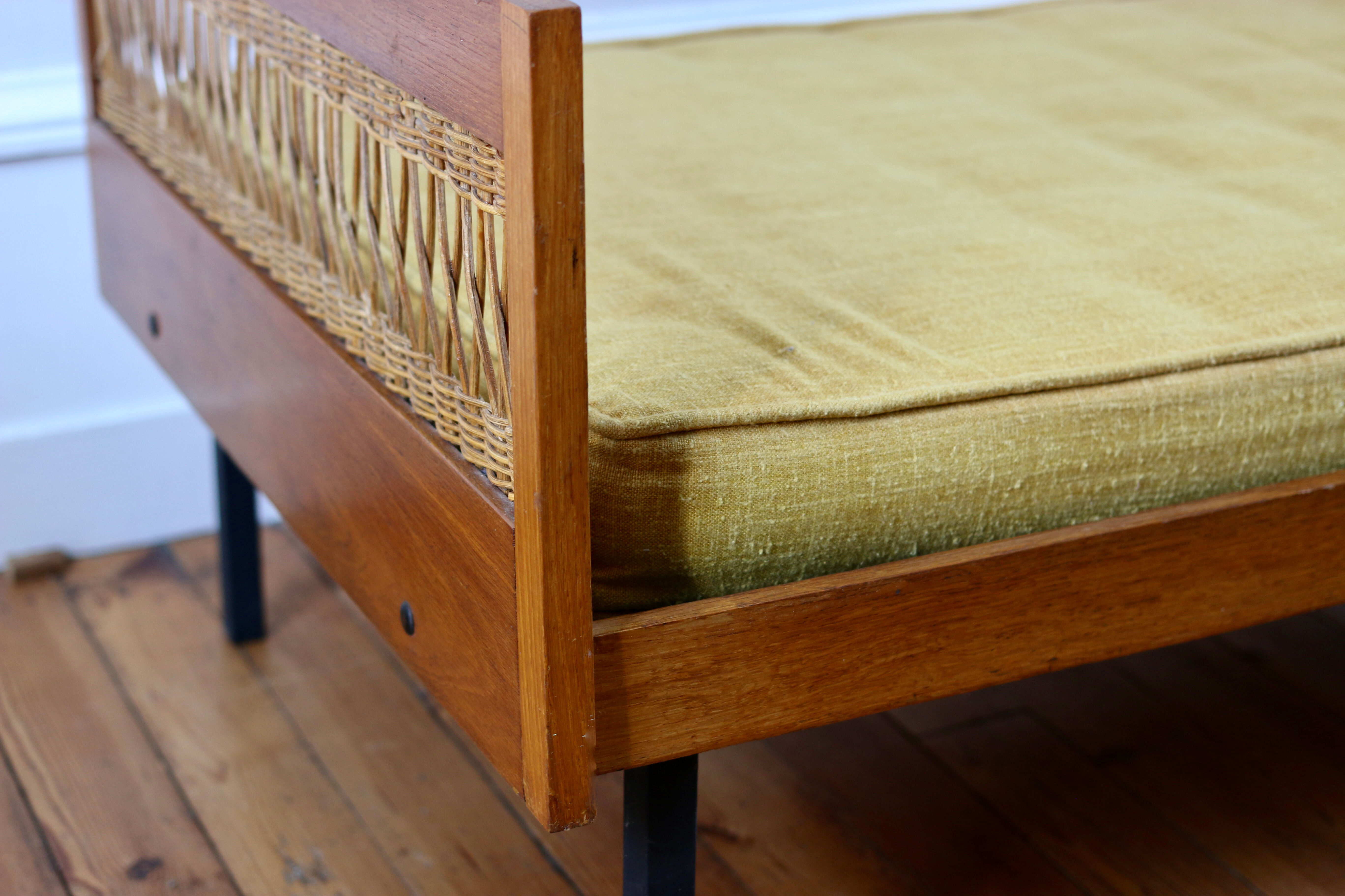 Daybed vintage 1960 chêne et rotin