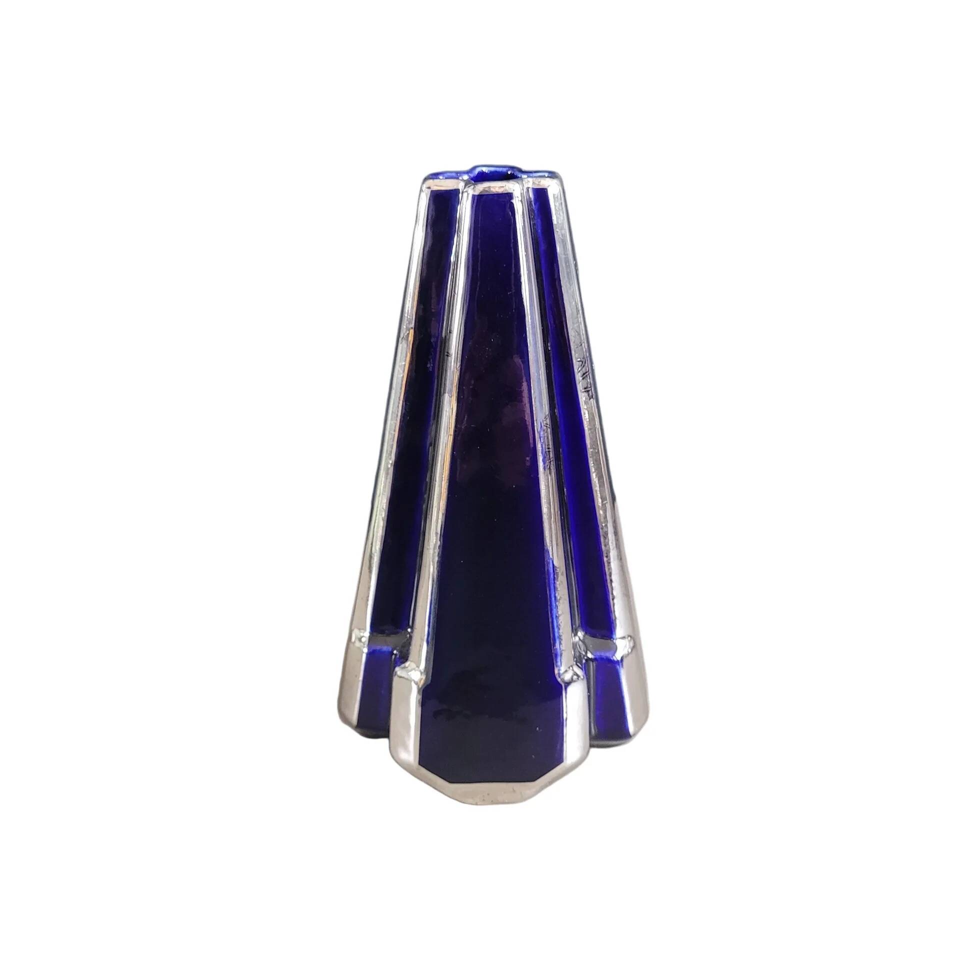 Pyramid vase Art Deco Moulin des Loups & Hamage Nord - blue and silver - Ref 959