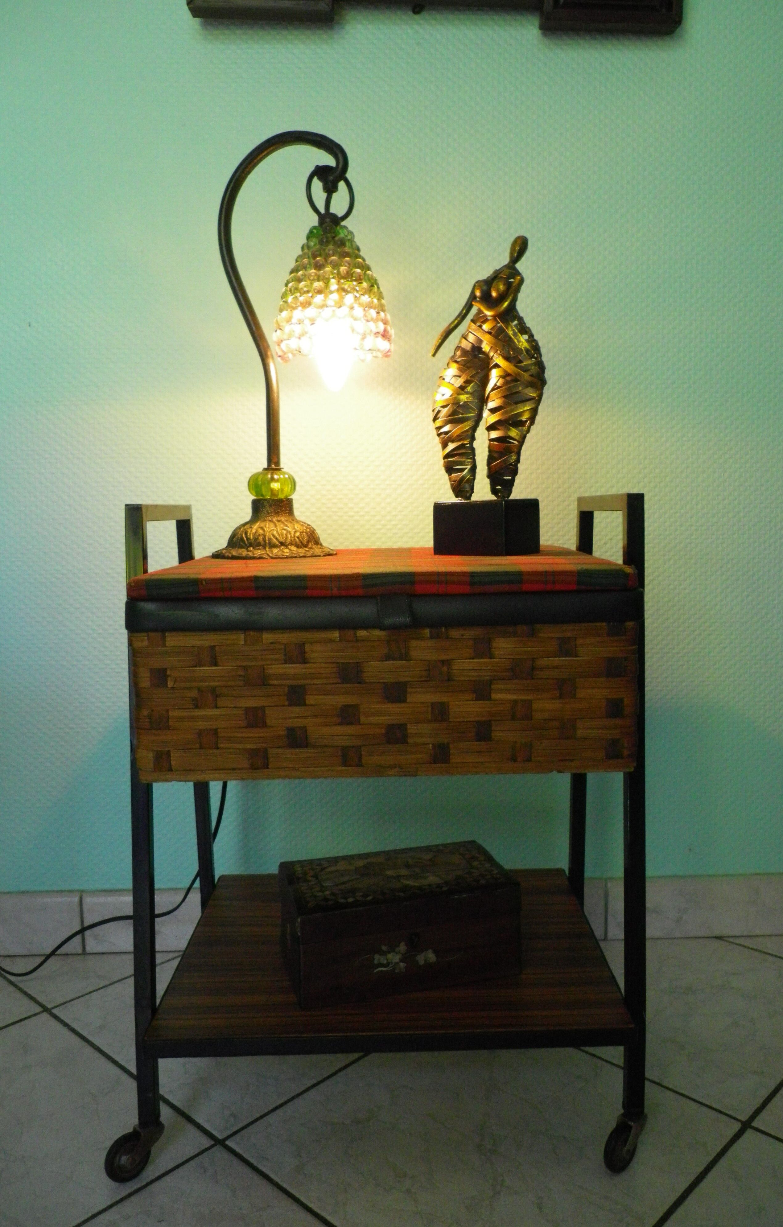 Vintage worker on wheels, rattan, fabric, skaÏ, metal with formica shelf