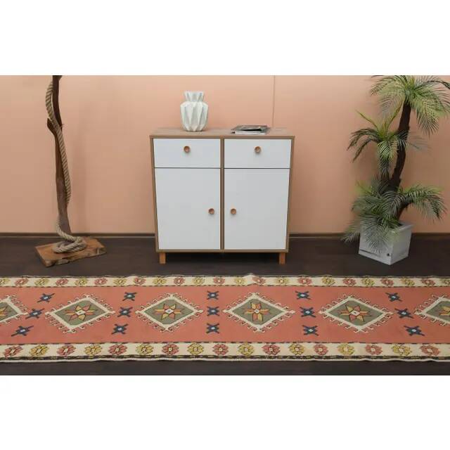 1970s Vintage Turkish Oushak Handmade Orange Runner Rug  91x361