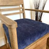 Art Deco armchair in solid wood and blue corduroy fabric