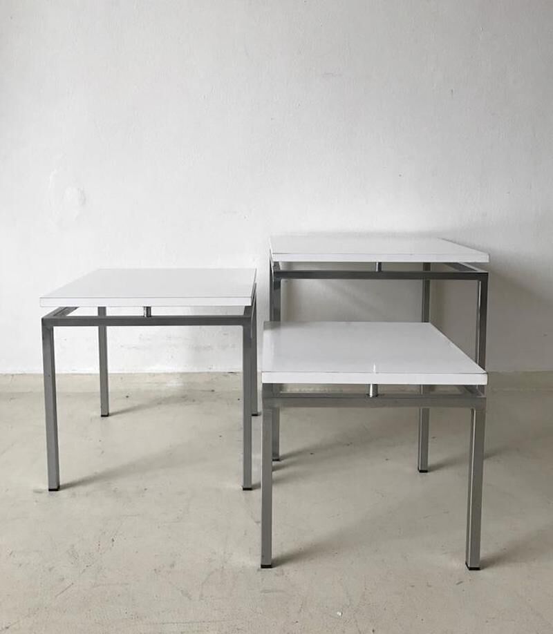 White mid-century modern nesting tables, modernist design, 1960s