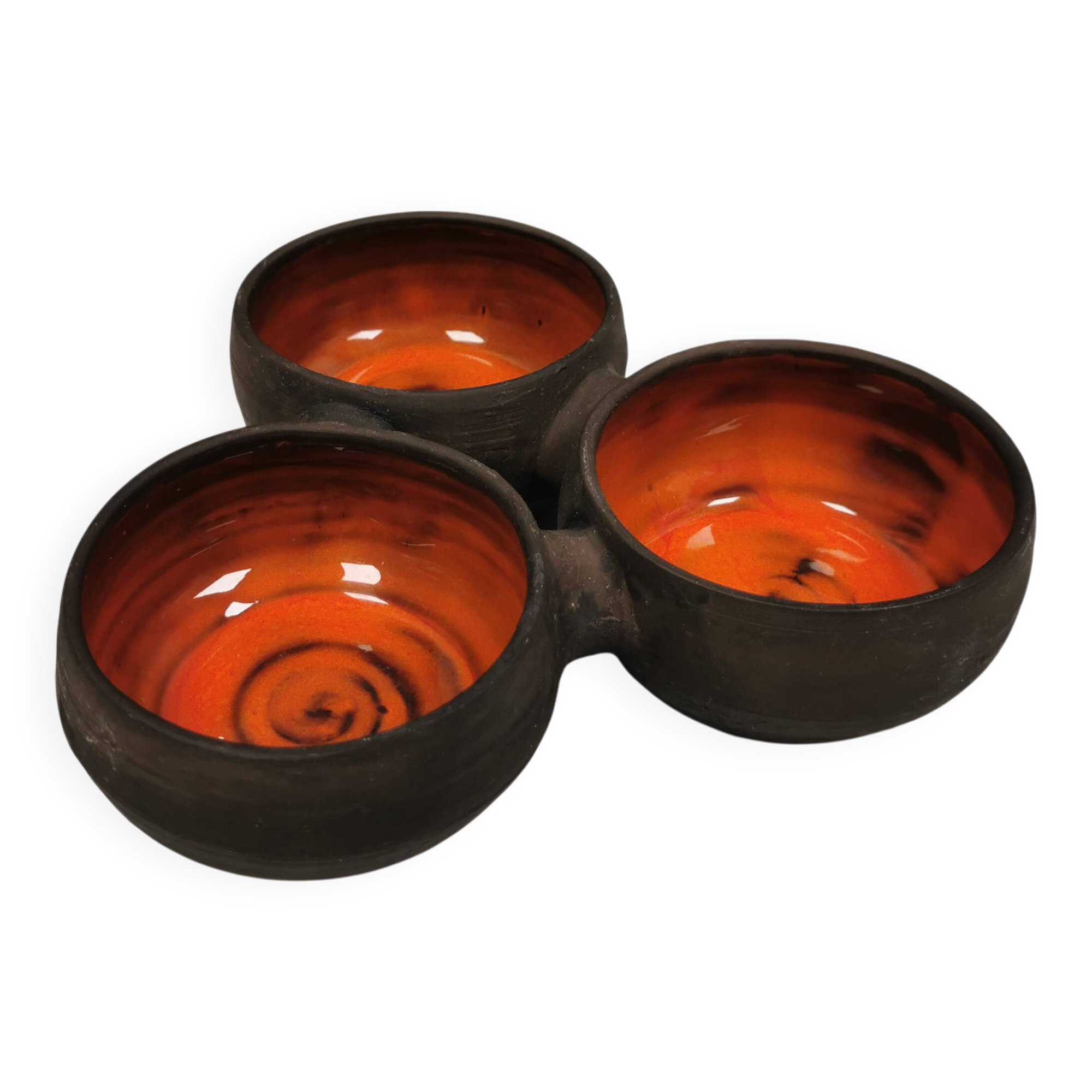 Beautiful bowl (composed of 3 bowls) with orange/red glaze inside