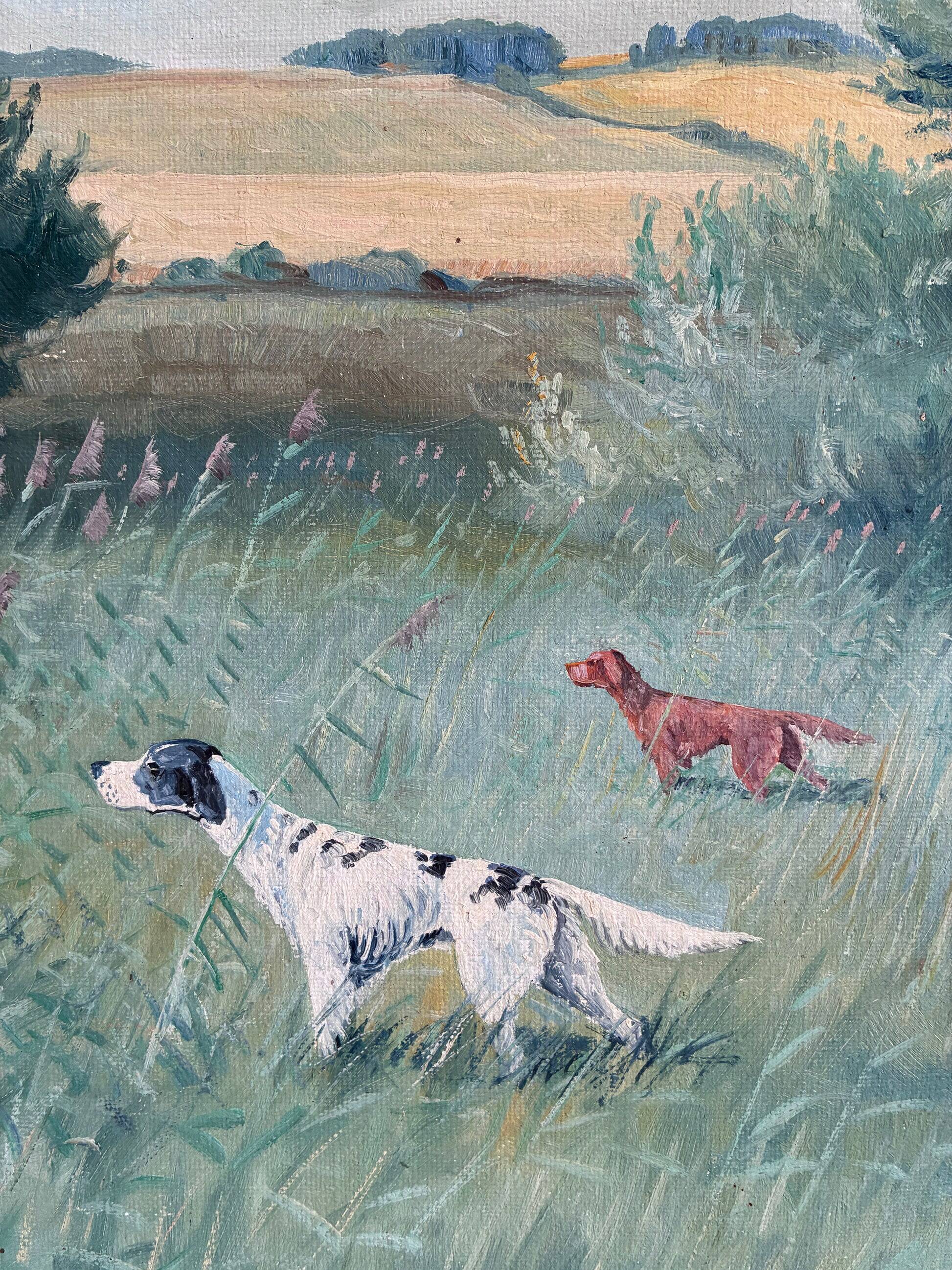 Large vintage original landscape dog oil painting