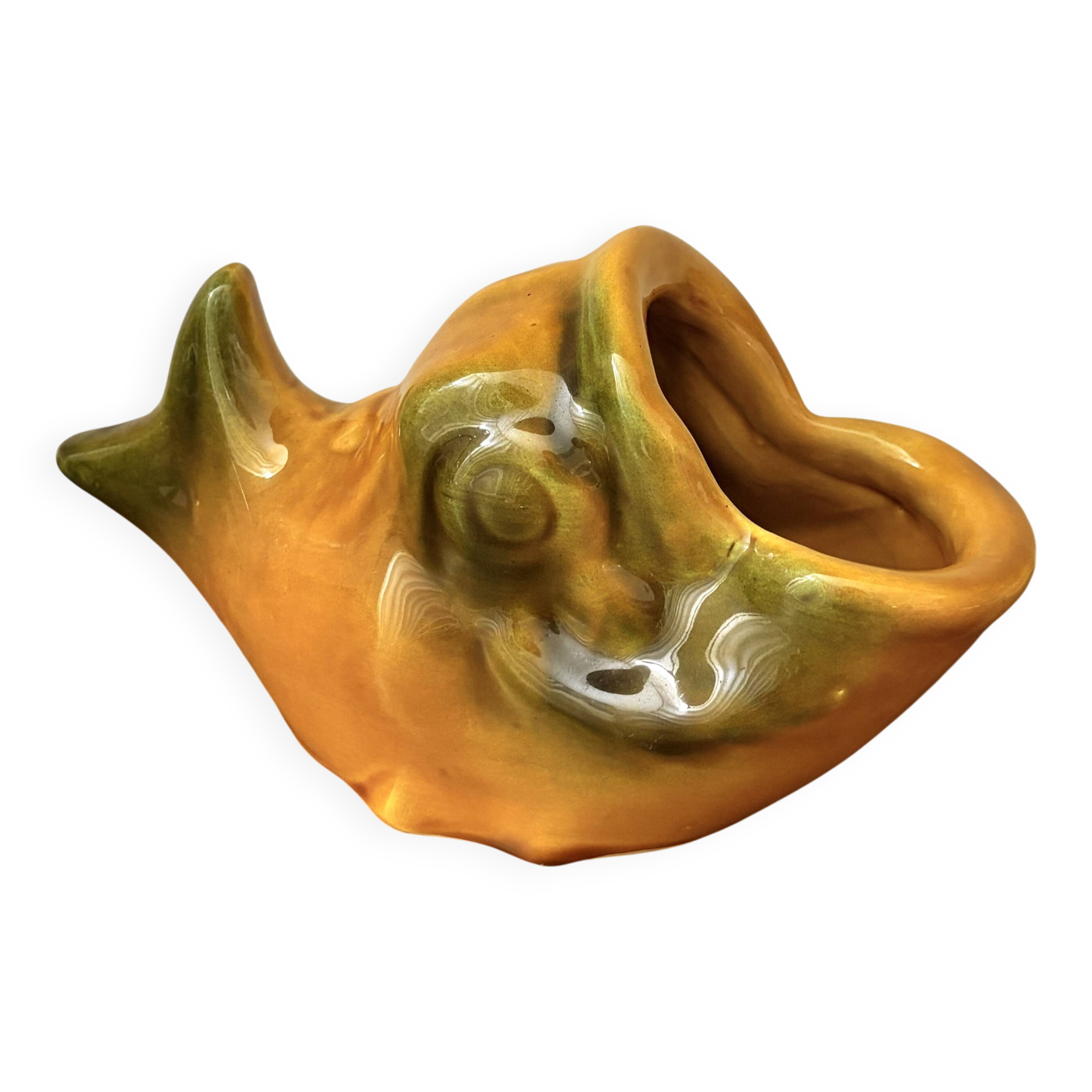 Saucière poisson Vallauris en faïence orange et vert vintage 60s/70s