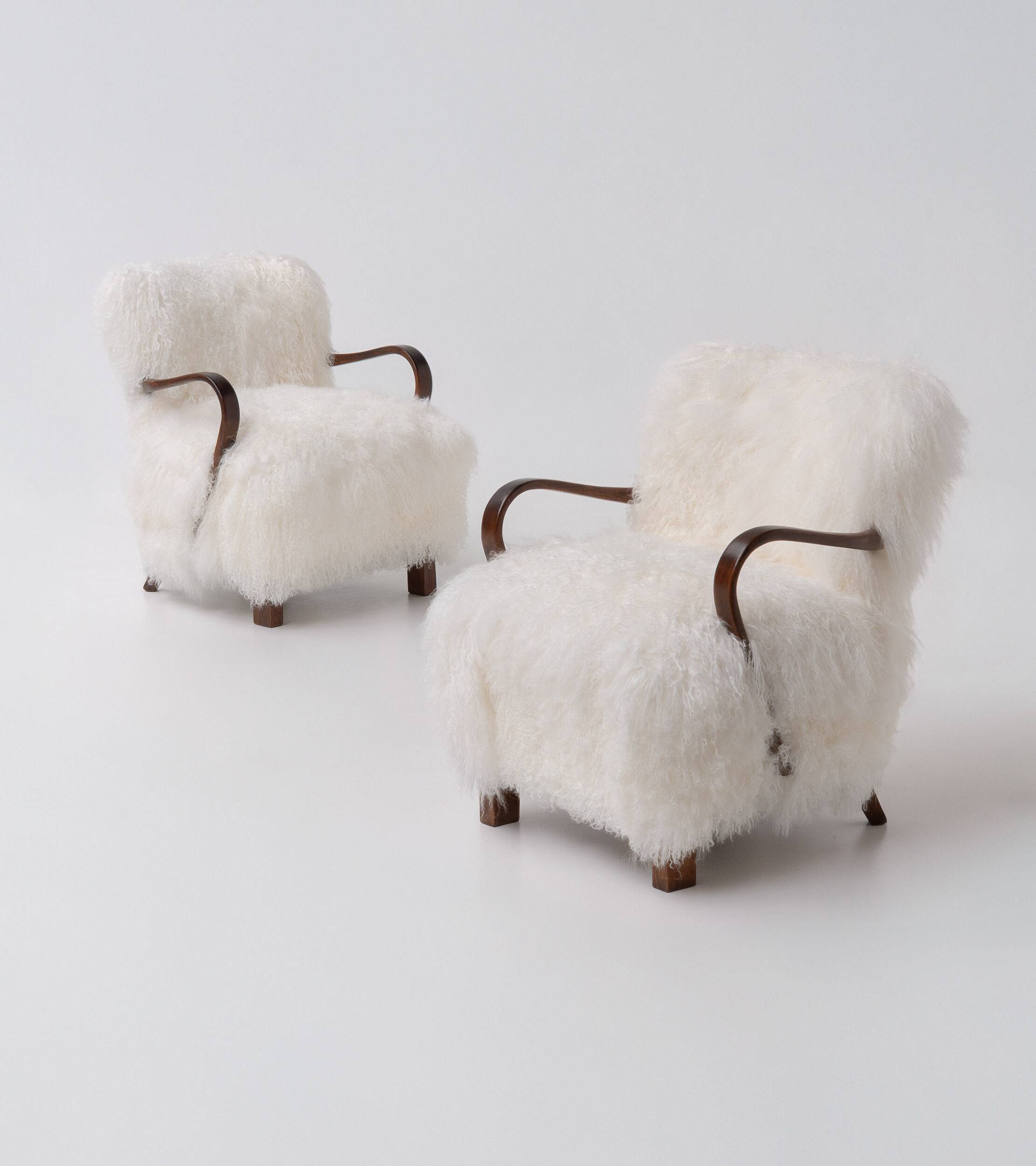 Pair of Art Deco Armchairs in Mongolian Sheepskin, 1950s