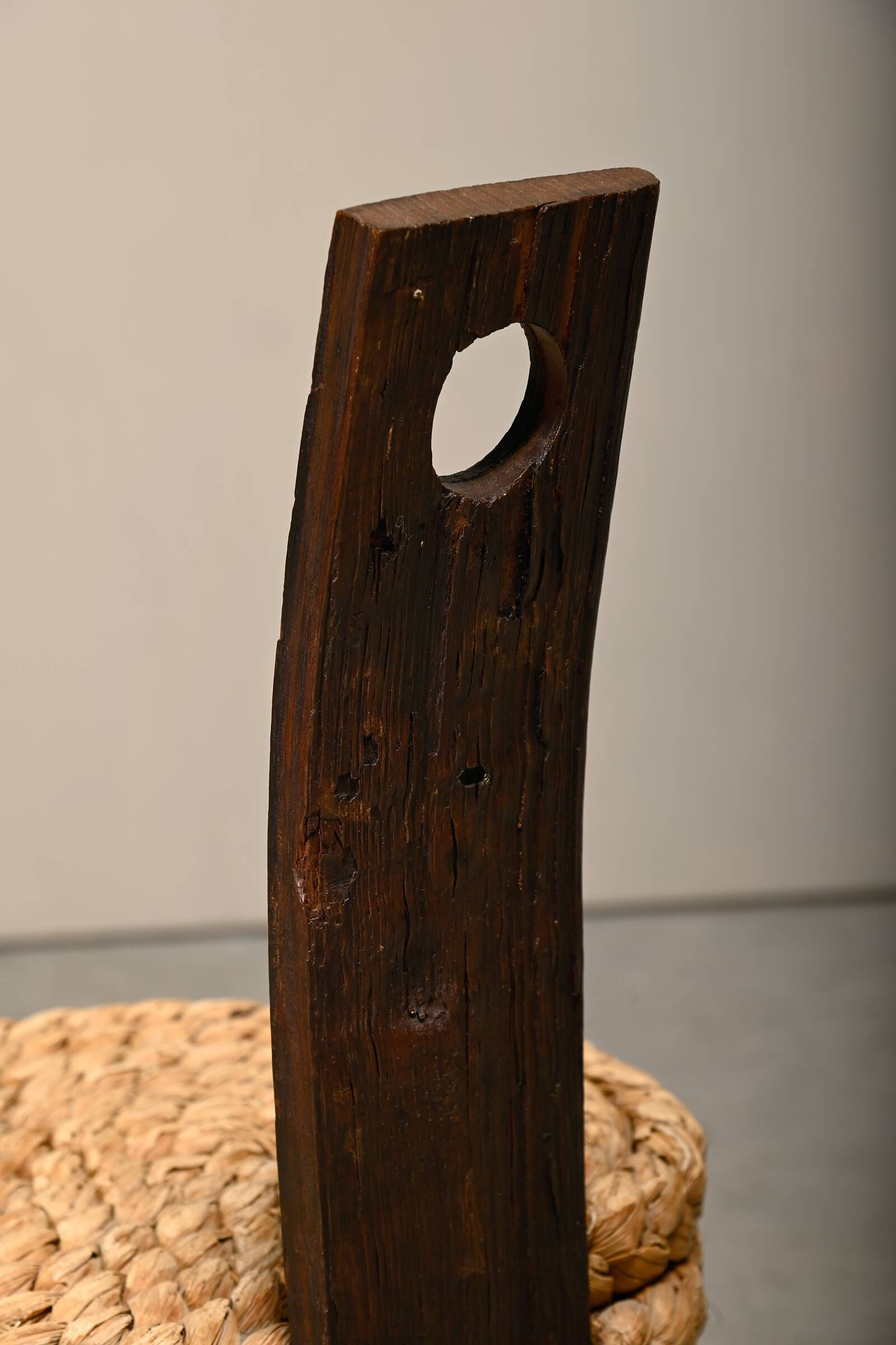 Fireplace Stool in Oak and Straw, France 1950s