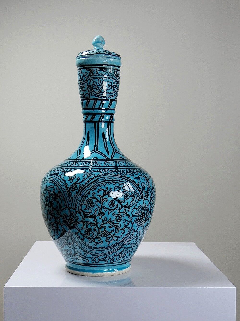 Covered vase or Persian jar, glazed Iznik pottery, vintage turquoise painted.