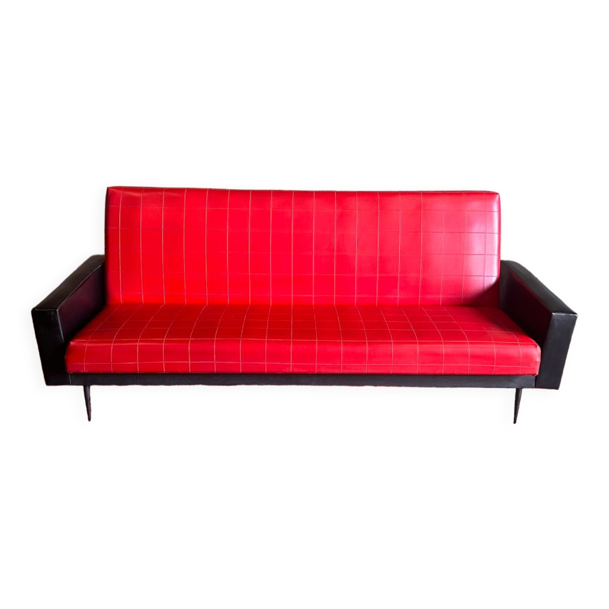 Vintage Daybed sofa bed from the 60s in red and black skaï