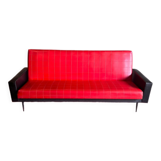 Vintage Daybed sofa bed from the 60s in red and black skaï