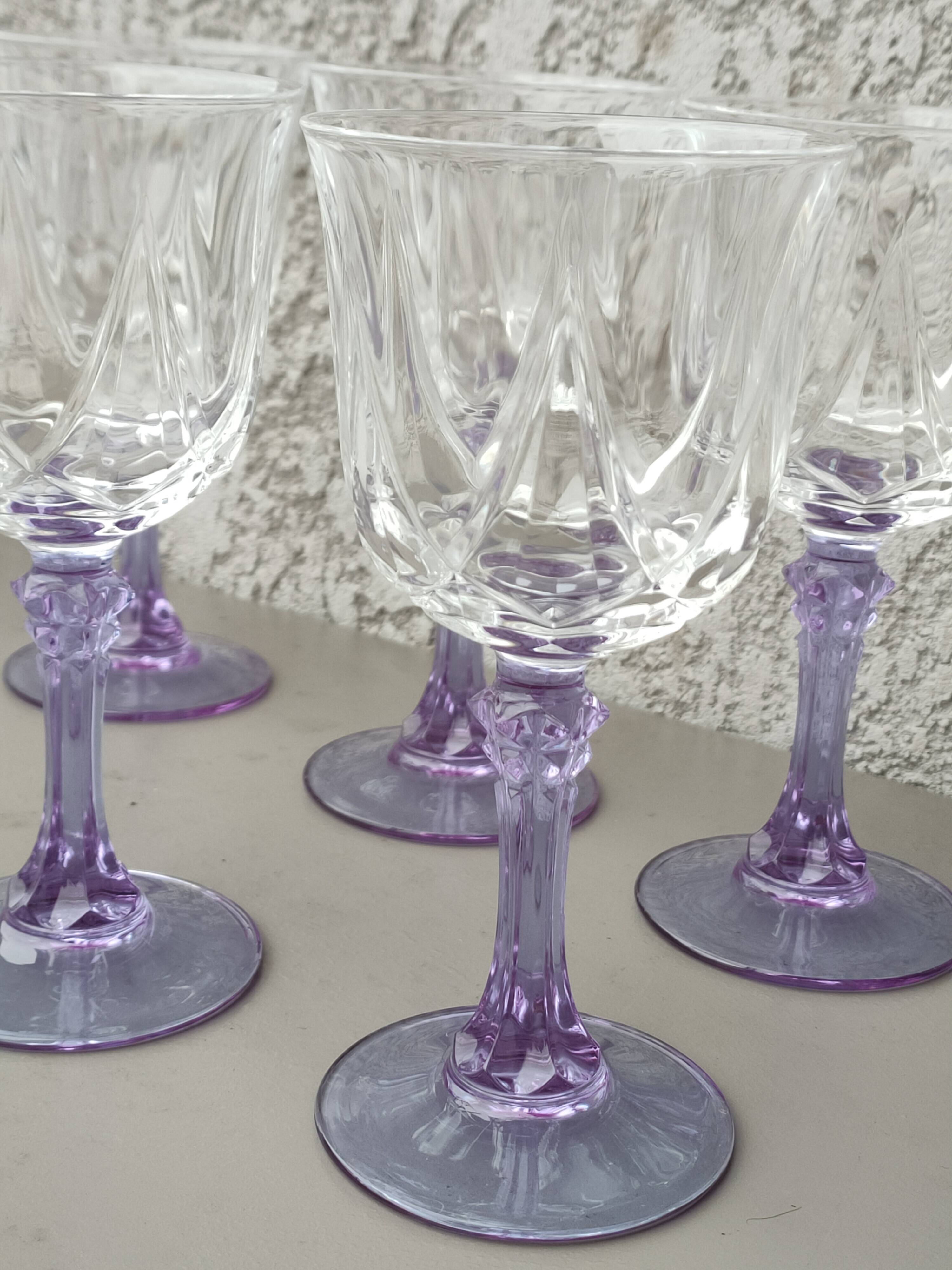 set of 6 purple stemmed crystal wine glasses