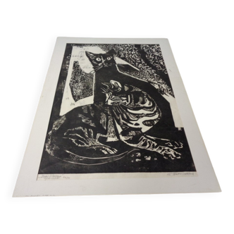 Gerhart Bettermann, 2 Cats, 1980s, Woodcut