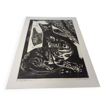 Gerhart Bettermann, 2 Cats, 1980s, Woodcut