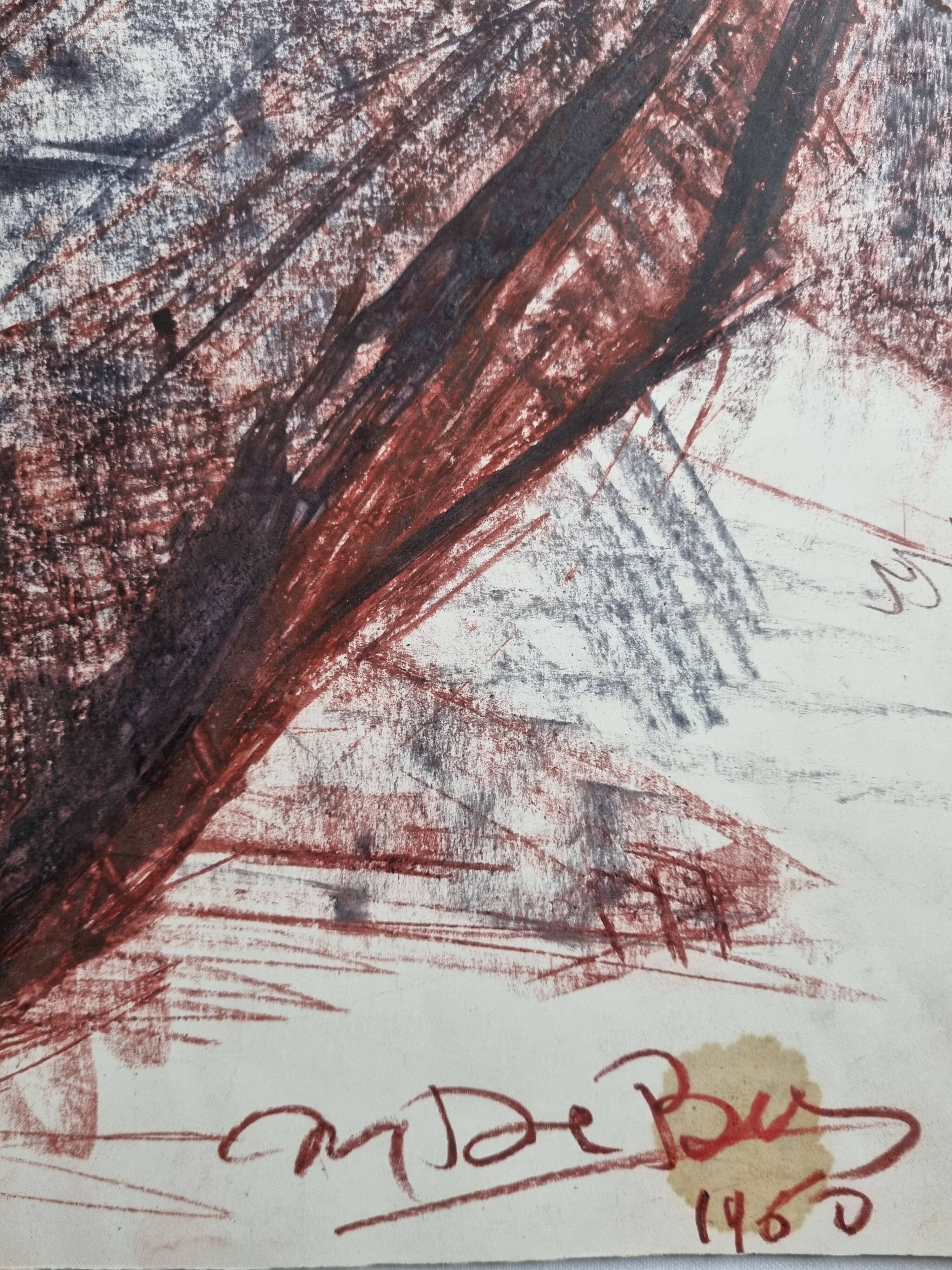 Charcoal and red chalk nude study signed by Maurice de Bus, 1960, 47 x 60 cm