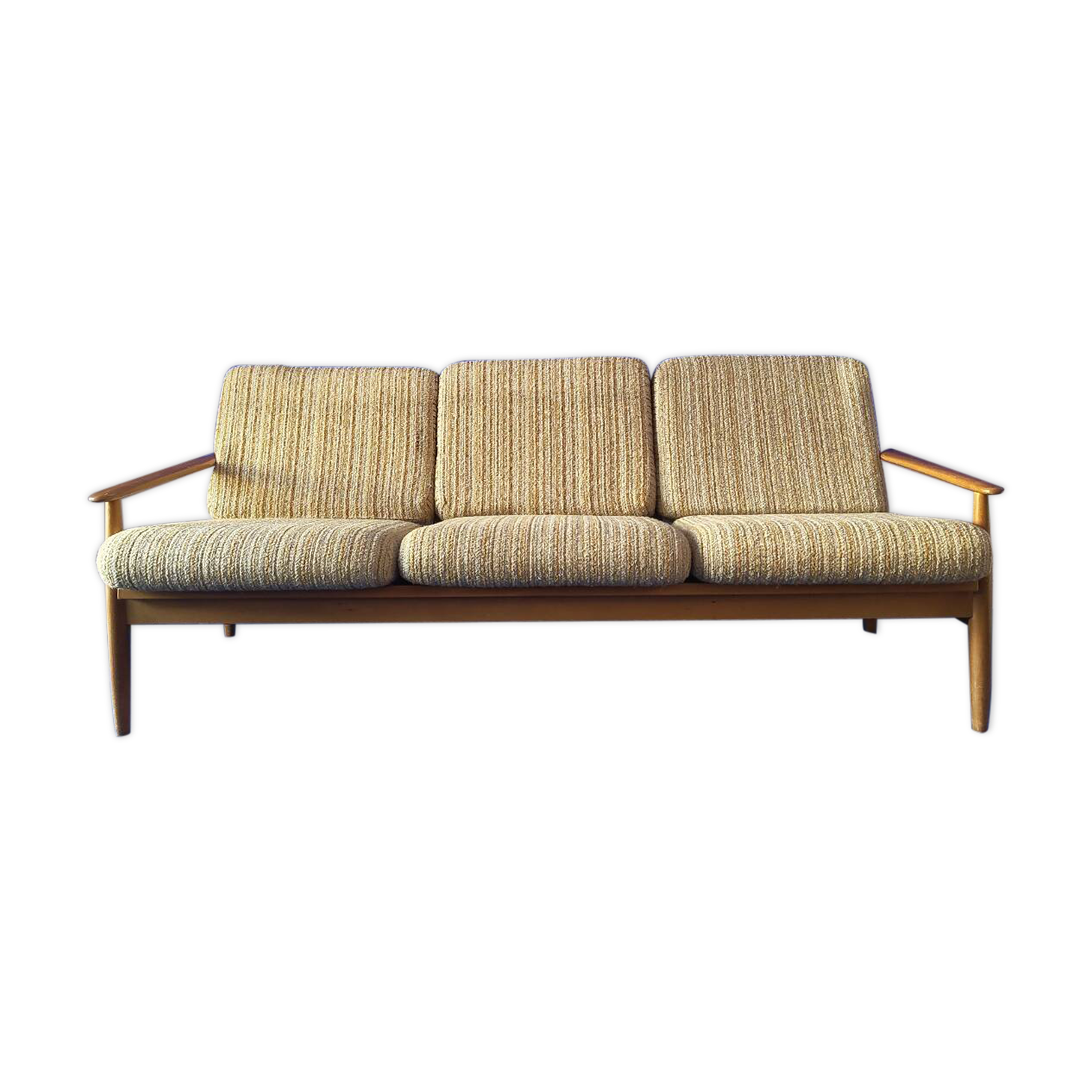 Scandinavian sofa in wood and vintage fabric from the 60s