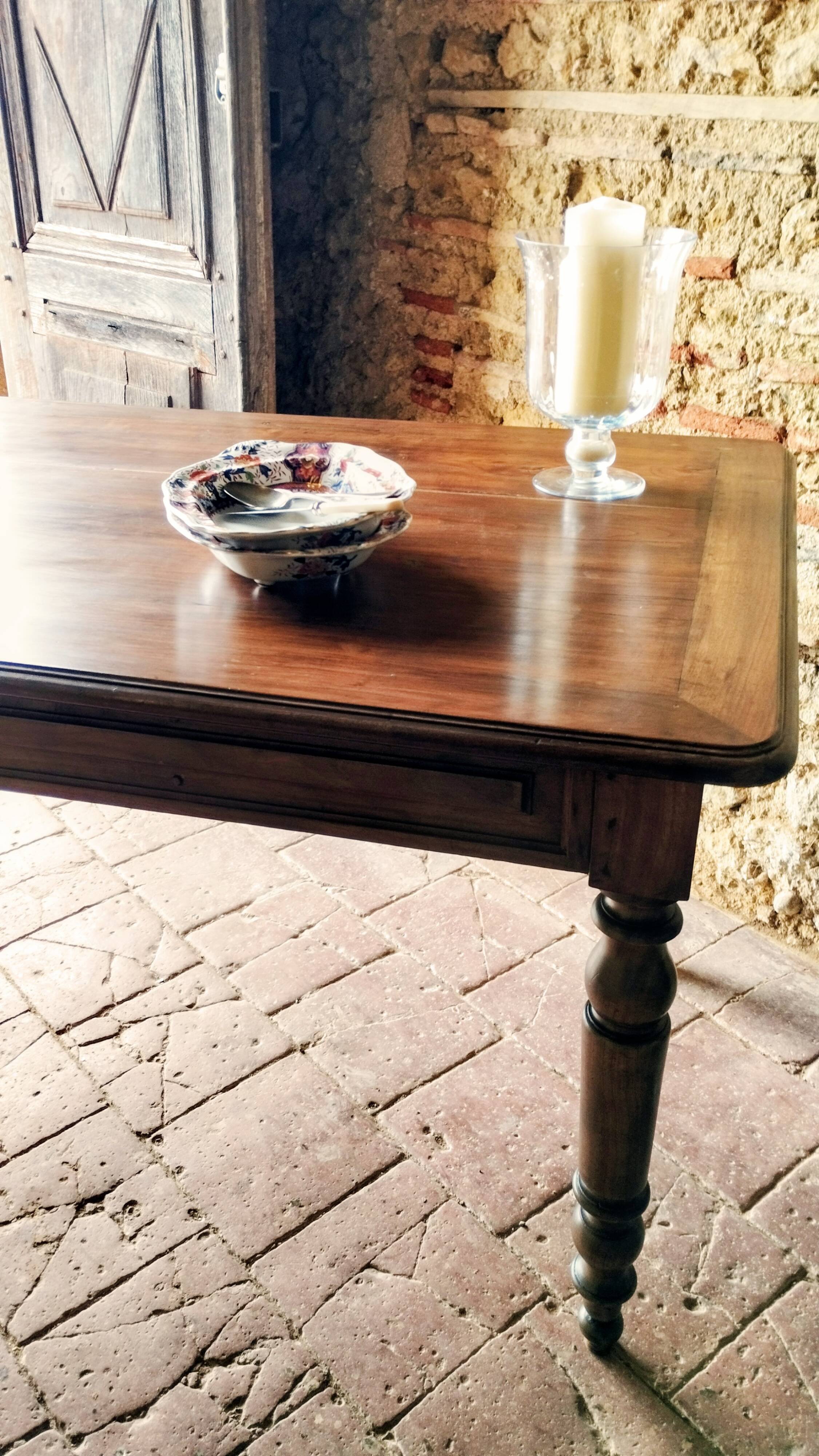 Old French farmhouse table in walnut, turned legs, waxed finish