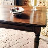 Old French farmhouse table in walnut, turned legs, waxed finish