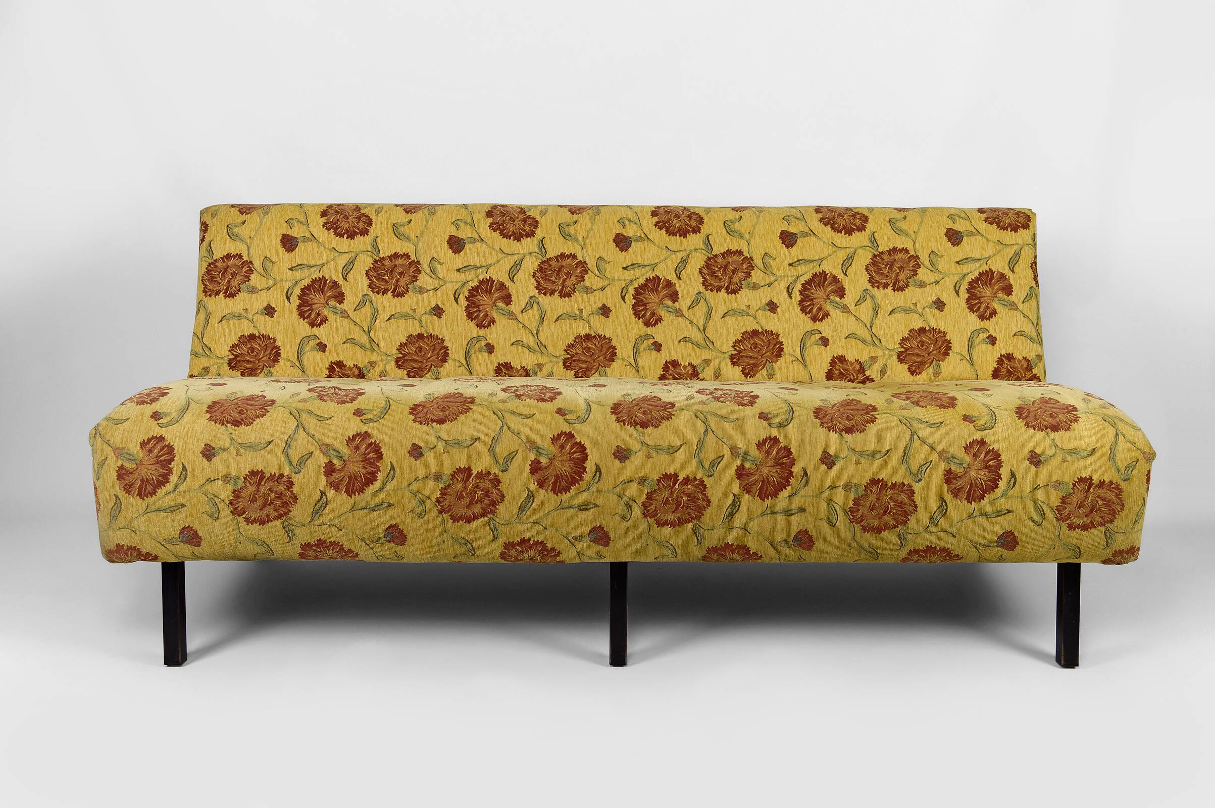 Bench with yellow and red floral fabric, France, circa 1960