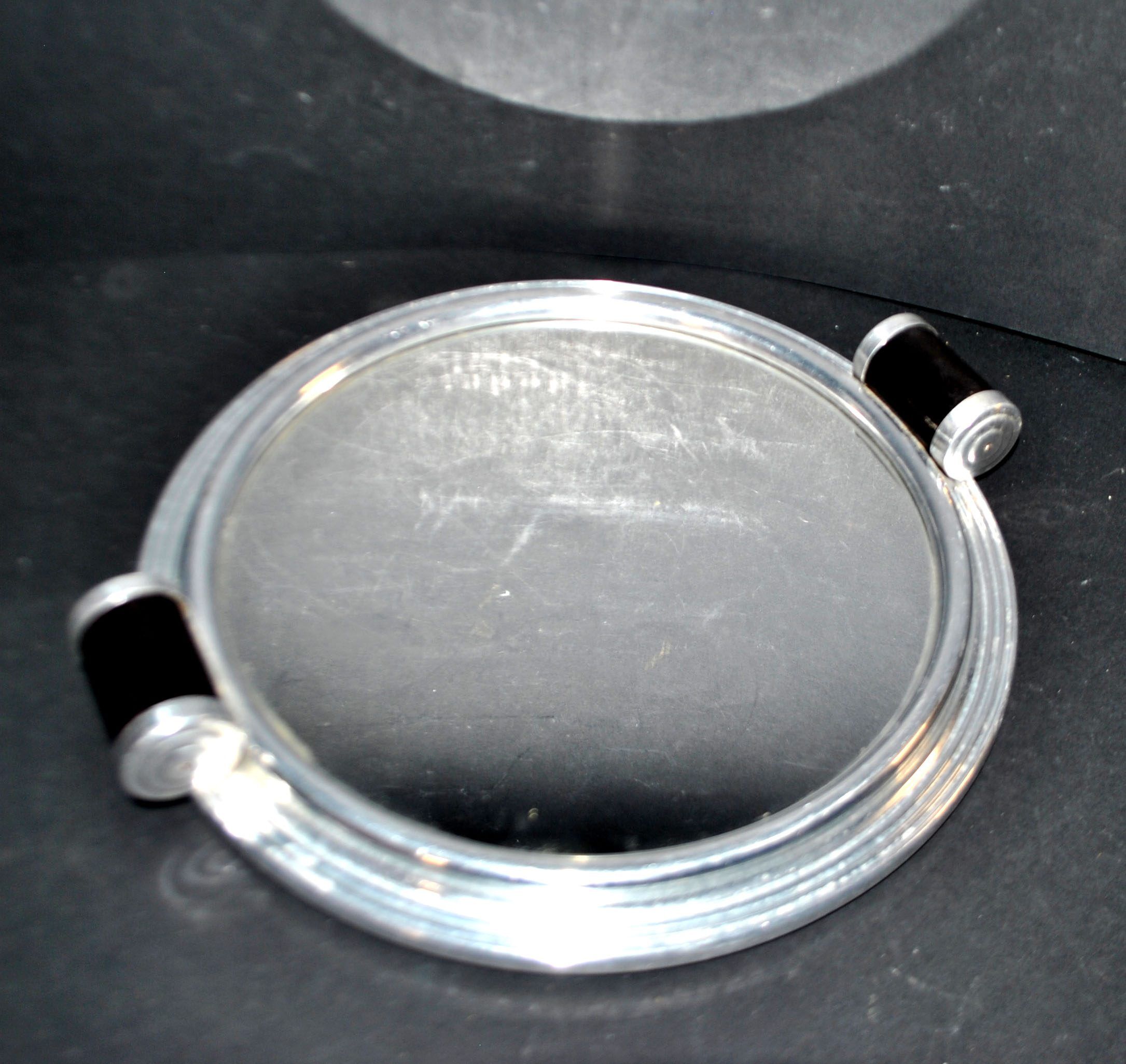 Plateau miroir art déco en métal chromé et bois 1930