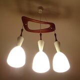 Large Scandinavian Pendant Light, Teak Wood and Glass