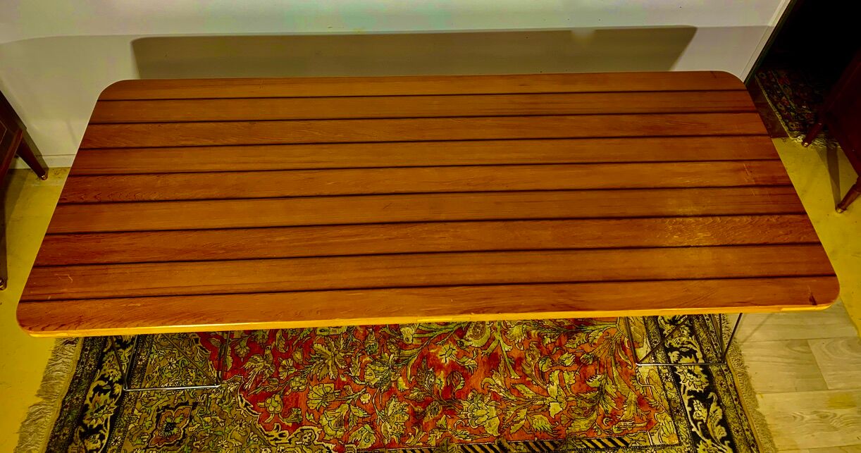 Teak table with chromed tubular metal base