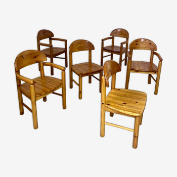 6 anciennes chaises scandinaves années 70 bois massif design reiner daumiller en pin massif