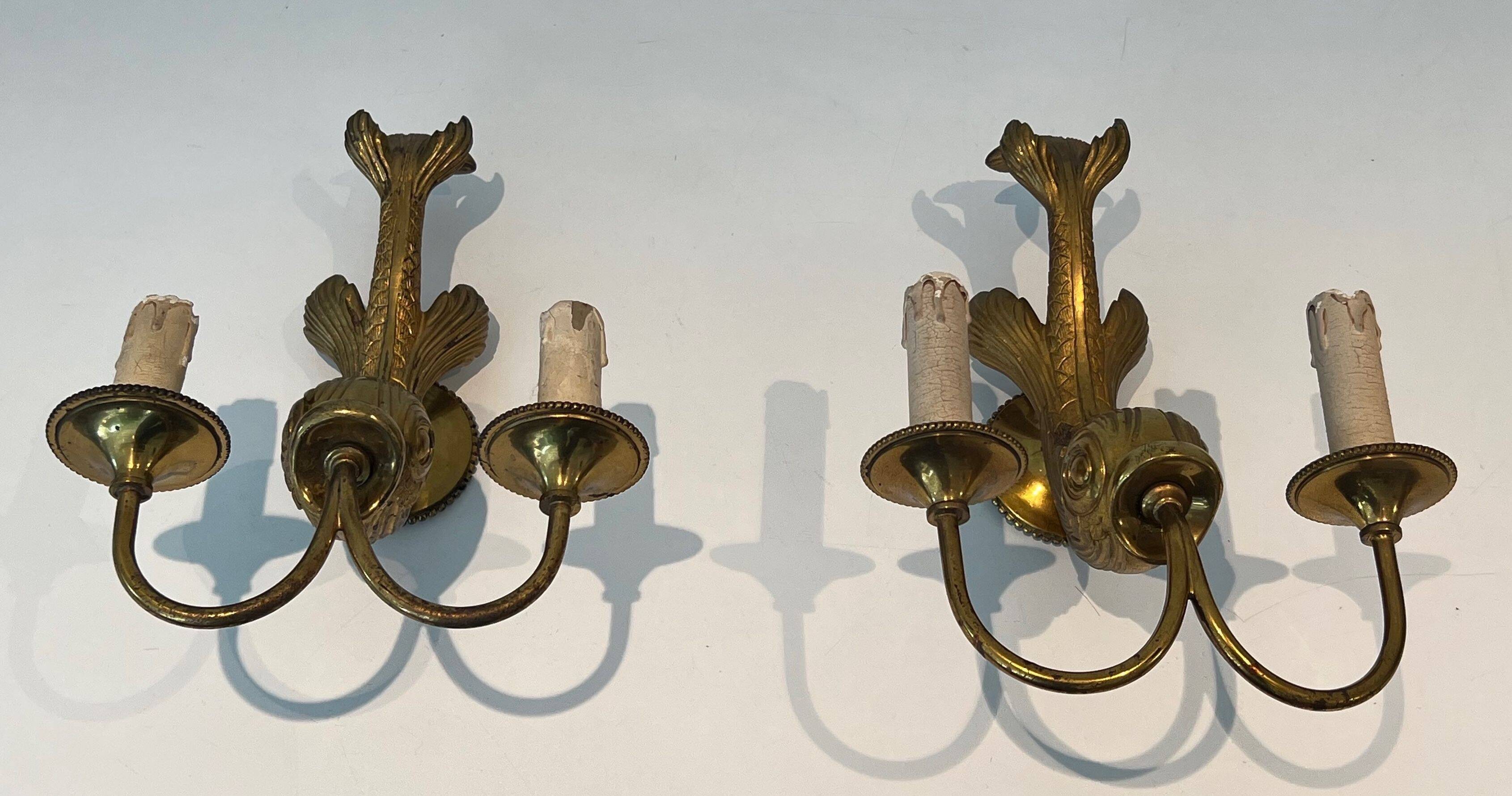 Pair of bronze wall sconces with dolphins by Maison Jansen