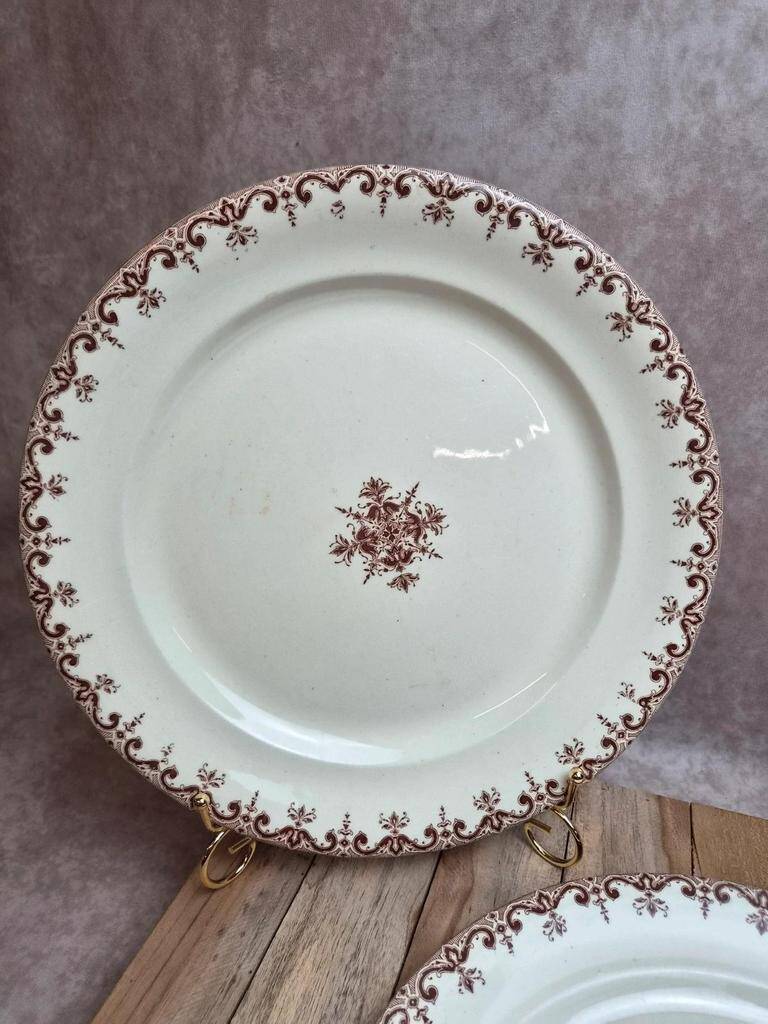 2 round plates Terre de Fer Clairefontaine Rouen sepia 19th century