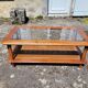 Coffee table in cherry wood, glass and caning.