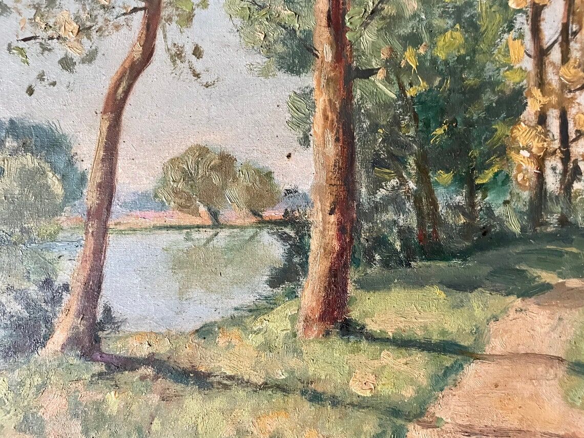 1940s French Landscape oil painting on canvas River, trees and path