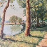 1940s French Landscape oil painting on canvas River, trees and path