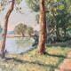 1940s French Landscape oil painting on canvas River, trees and path