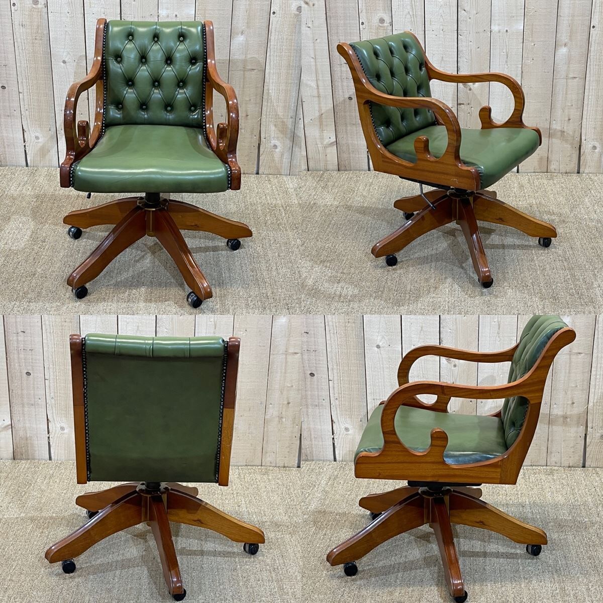 Fauteuil de bureau anglais Chesterfield en cuir vert