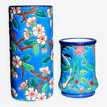 Pair of longwy enamel vases