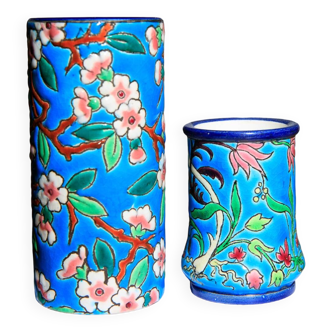 Pair of longwy enamel vases