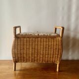 Large vintage rattan and wicker sewing basket with floral decor seat