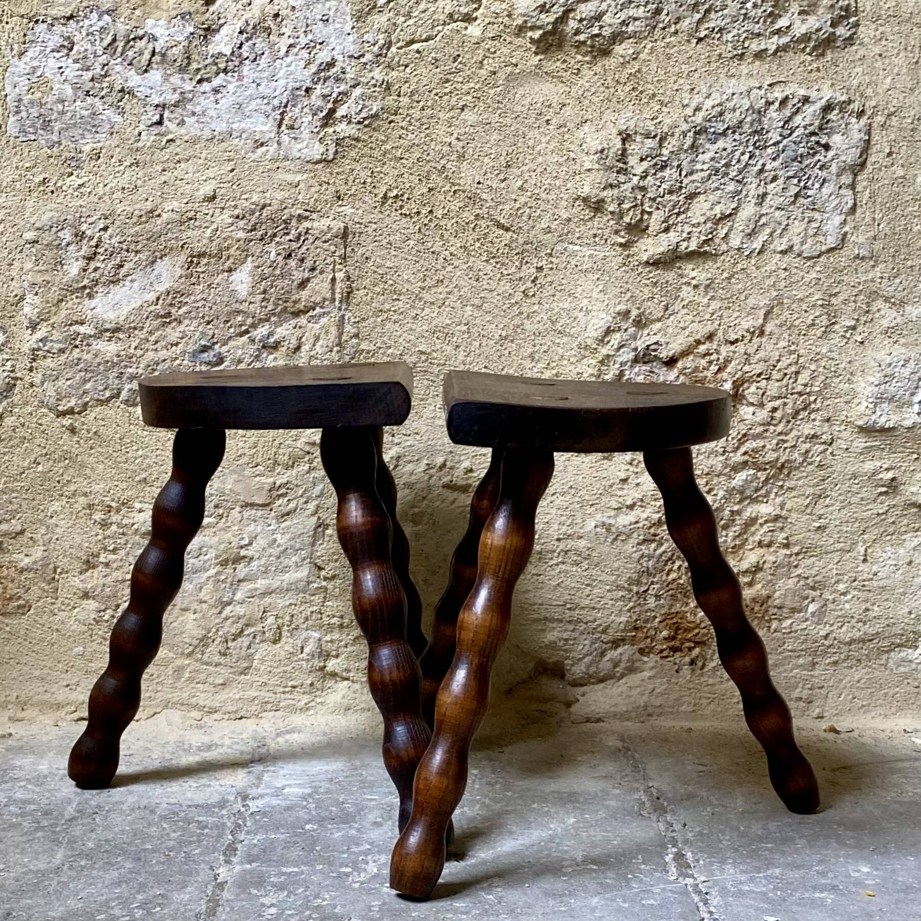 Turned wooden tripod stool x2