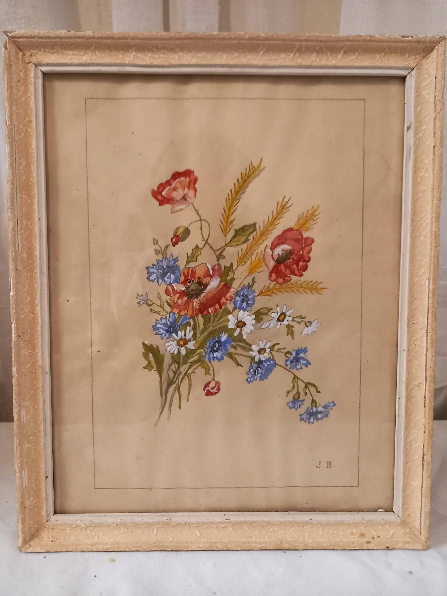 Old painting, gouache on paper, floral composition with cornflowers, poppies, wheat and chamomile