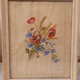 Tableau ancien, gouache sur papier, composition florale avec bleuets, coquelicots, blé et camomille