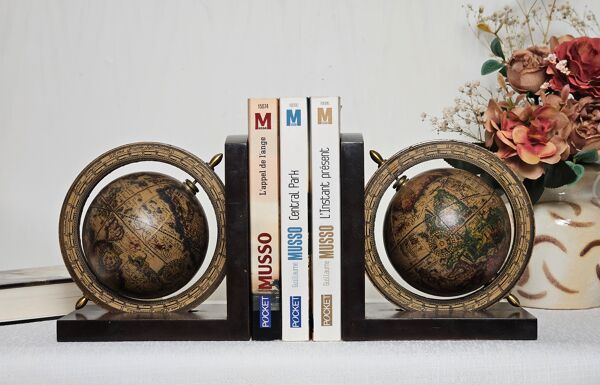 Paire de serre-livres mappemonde Italie vintage