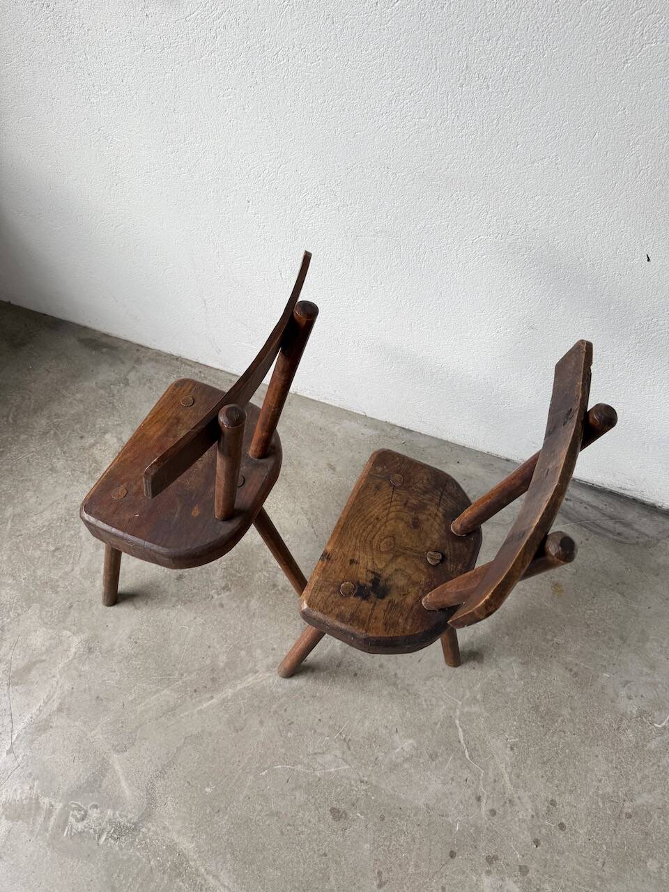 Pair of Savoyard tripod chairs, folk art, oak.