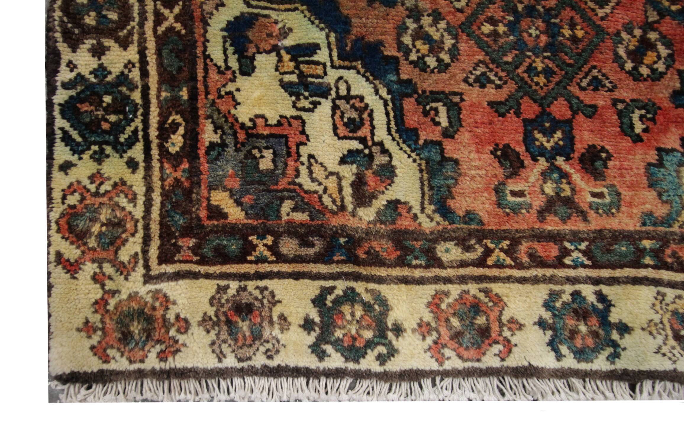 Tapis d'escalier en laine à motif floral rouille, tapis à médaillon central noué à la main 94x240