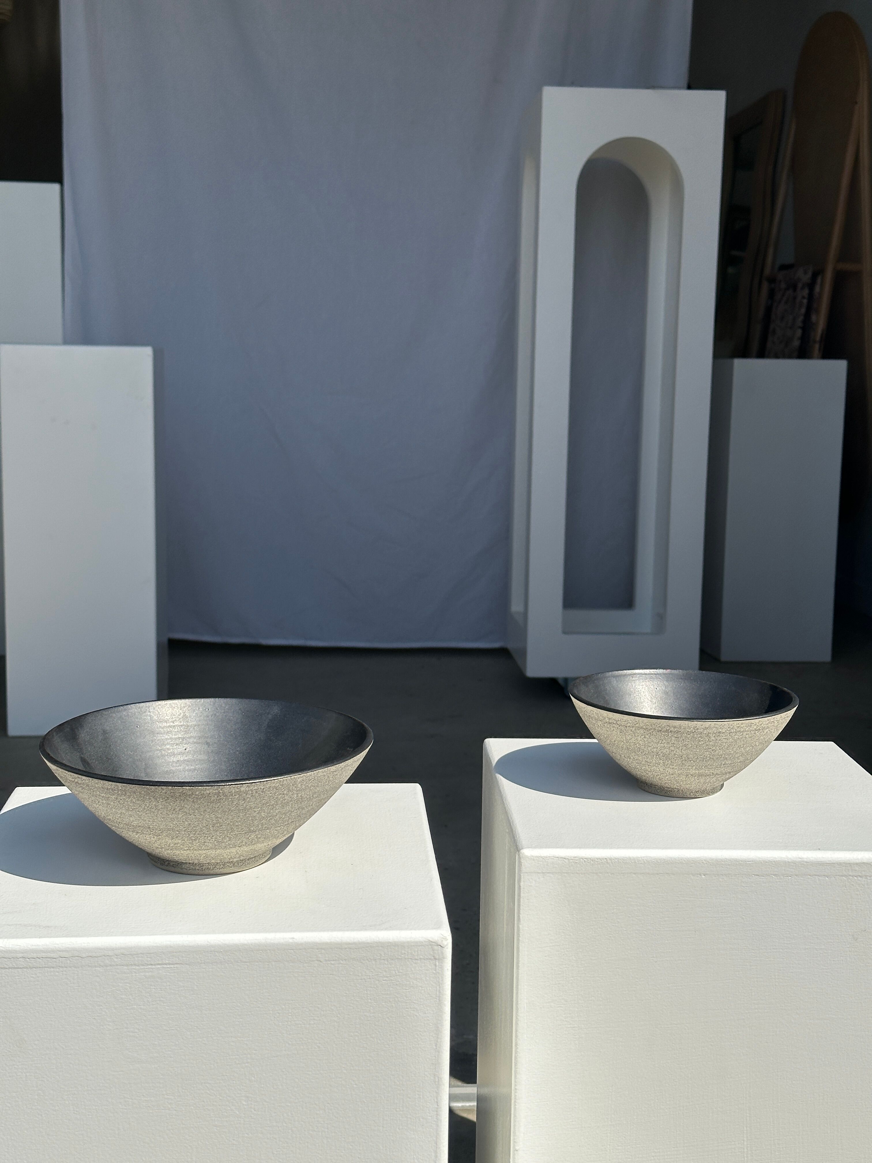 Duo of gray Indonesian ceramic bowls or salad bowls
