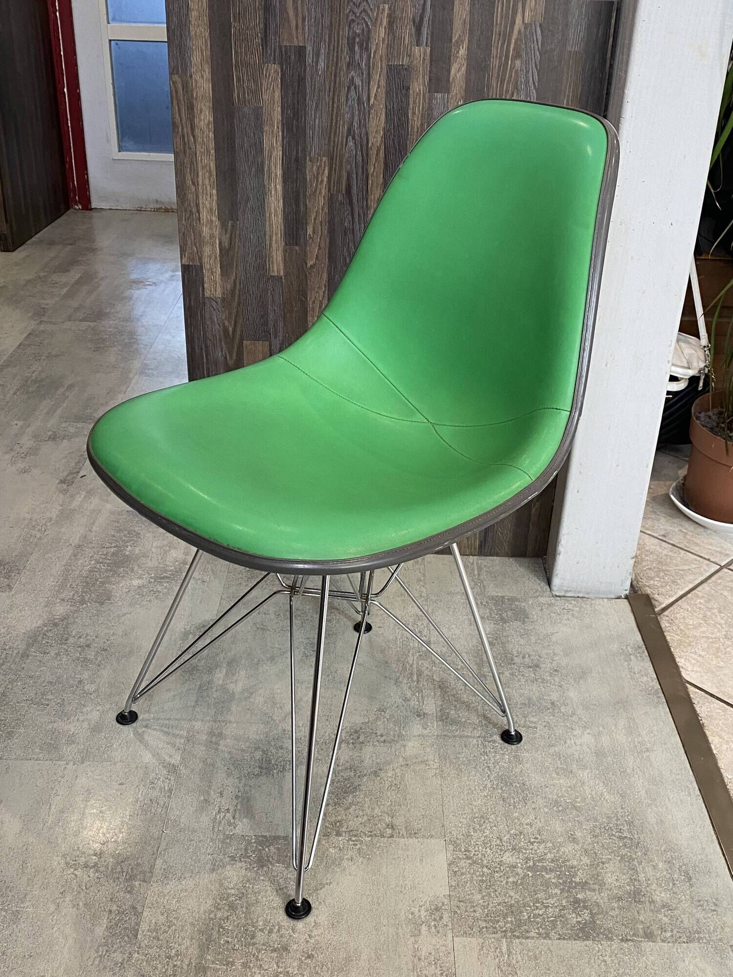 Eames Herman Miller DSR Eiffel chair in green greige fibreglass and vinyl.